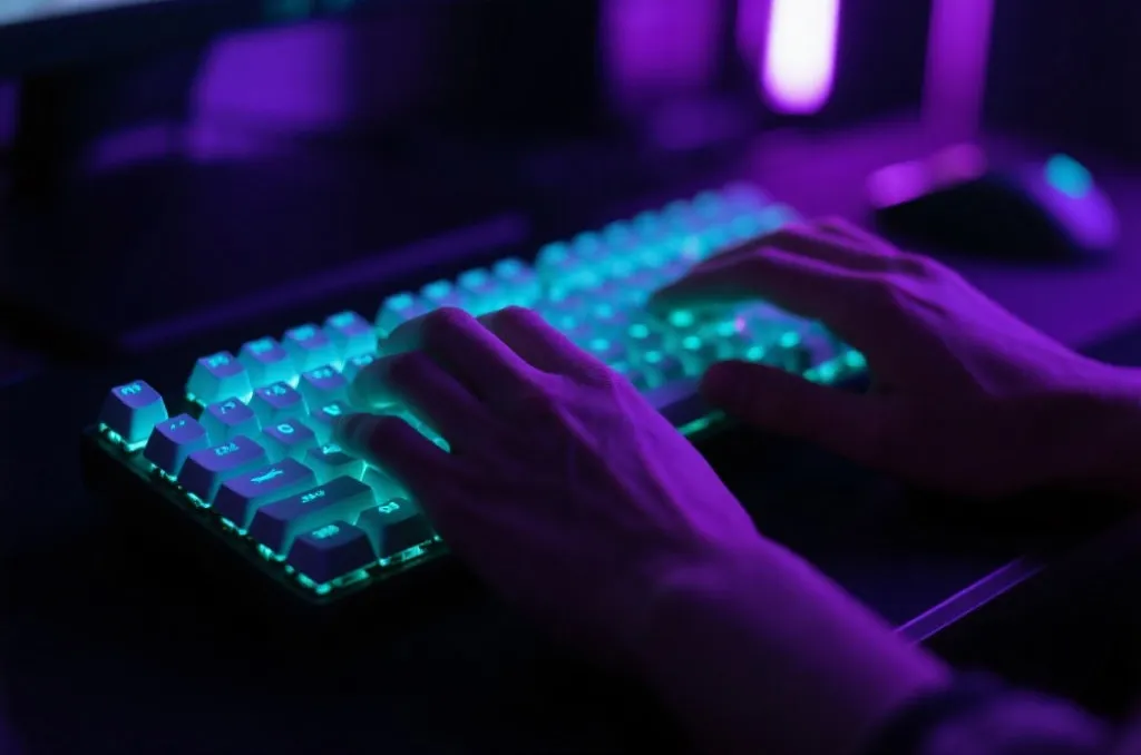 Close up of a person hands typing on a glowing mechanical keyboard, dark room with ambient purple and cyan lighting