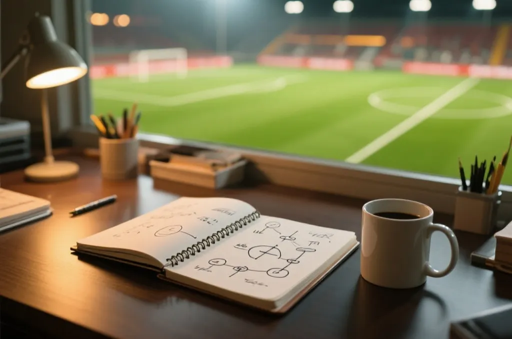 A notebook with tactical diagrams and a coffee cup on a desk, stadium background